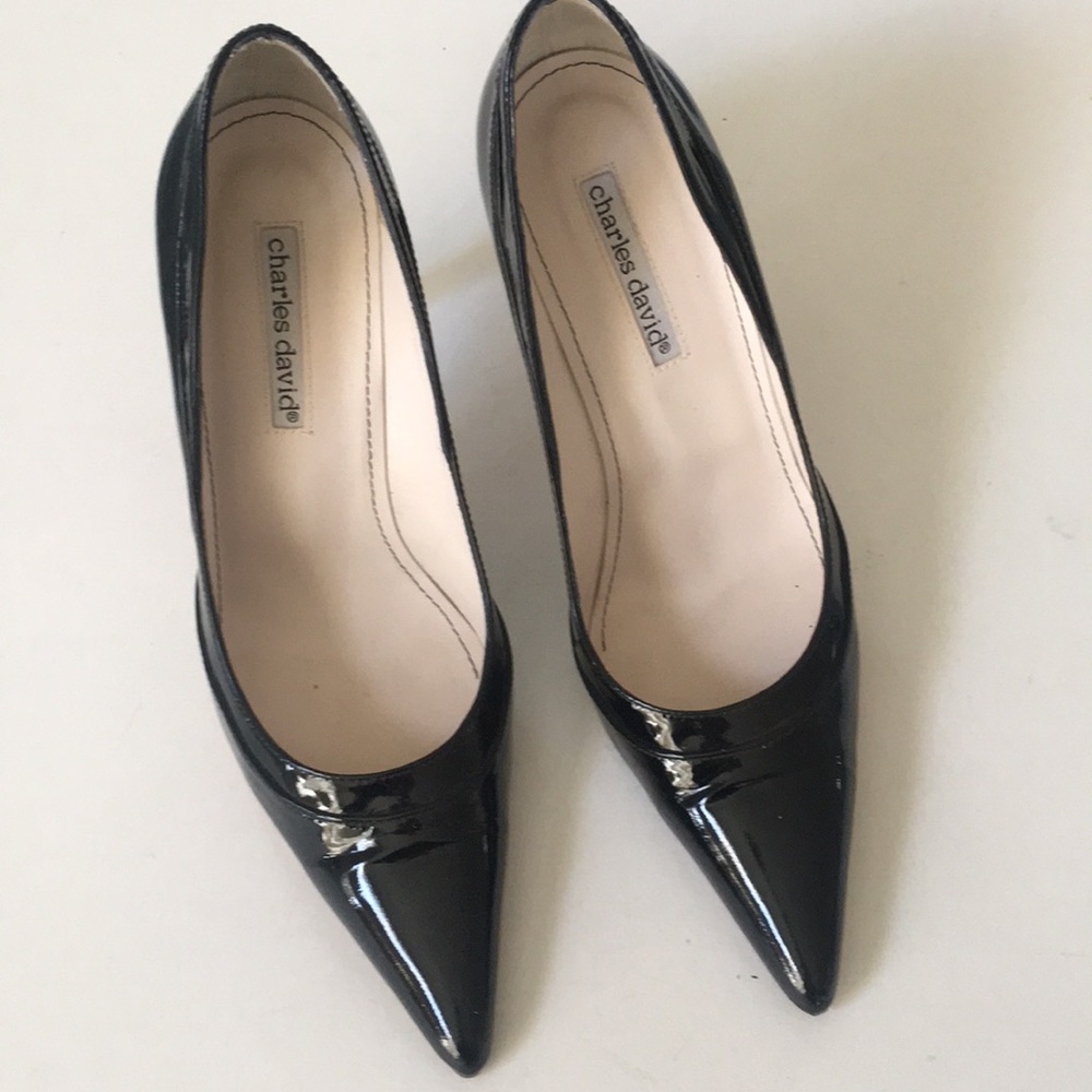 COPY - Charles David Black Patent Pointy Pumps